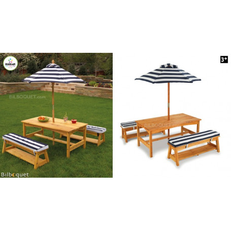 Table et bancs avec parasol et coussins - Mobilier de jardin pour enfants
