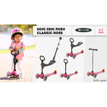 Mini Micro 3-en-1 Push Classique Rose - trottinette et porteur