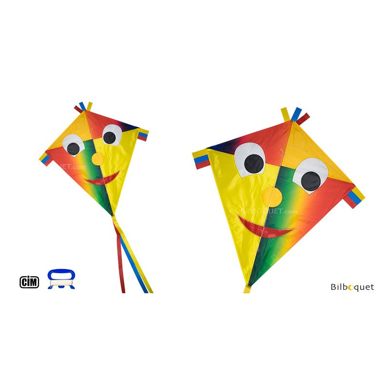 CIM Cerf-volant monofil - Happy Eddy JOKER - pour enfants à partir de 3 ans - Dimensions : 67x70cm - incl. Ligne de 80m, queues multicolores